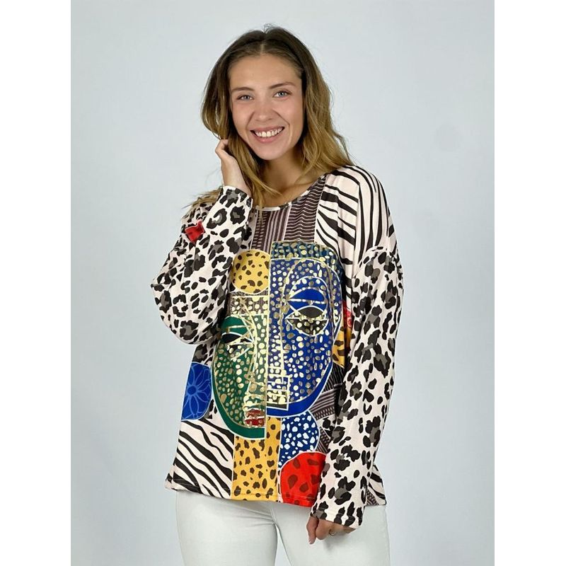 ENIGMATICA BOUTIQUE - Polera Algodón Print Mascaras - Beige