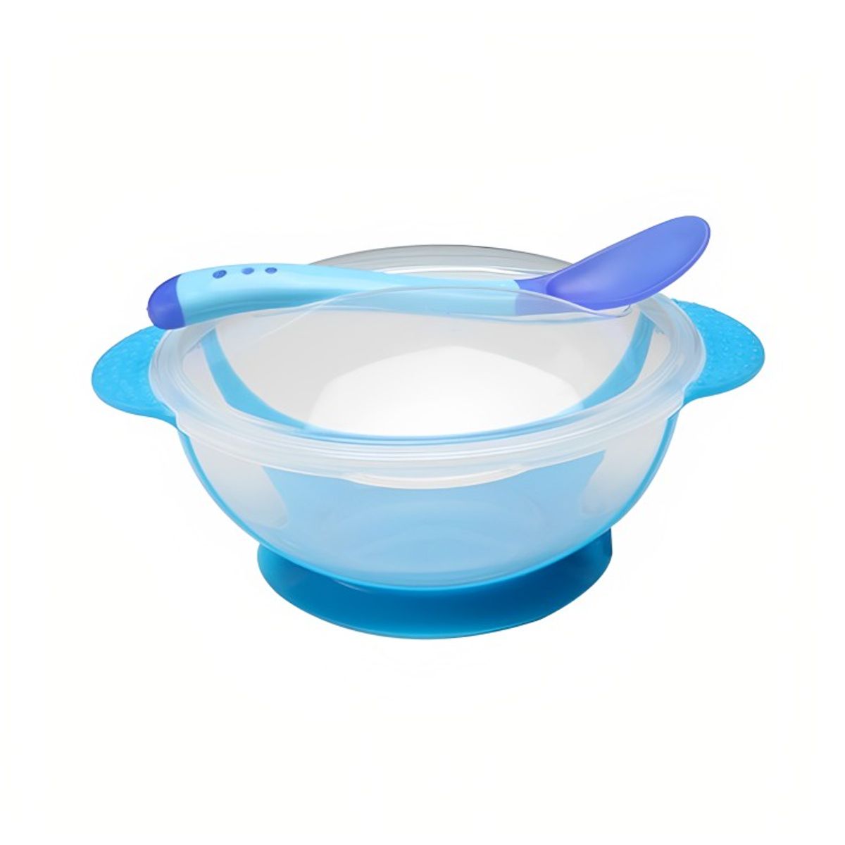 OEM - PLATO CON VENTOSA EN LA BASE Y CUCHARA FLEXIBLE CELESTE