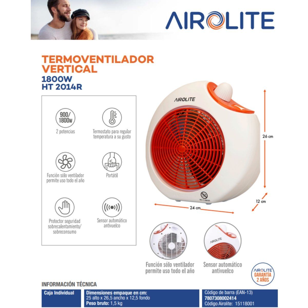 AIROLITE - Termoventilador Calefactor Electrico Airolite Ht2014r 1800w