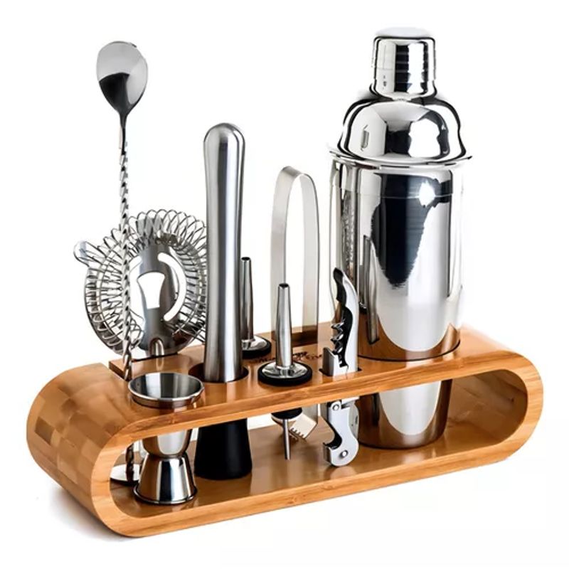 GENERICO - Set de coctelería barman 9 piezas con base de madera