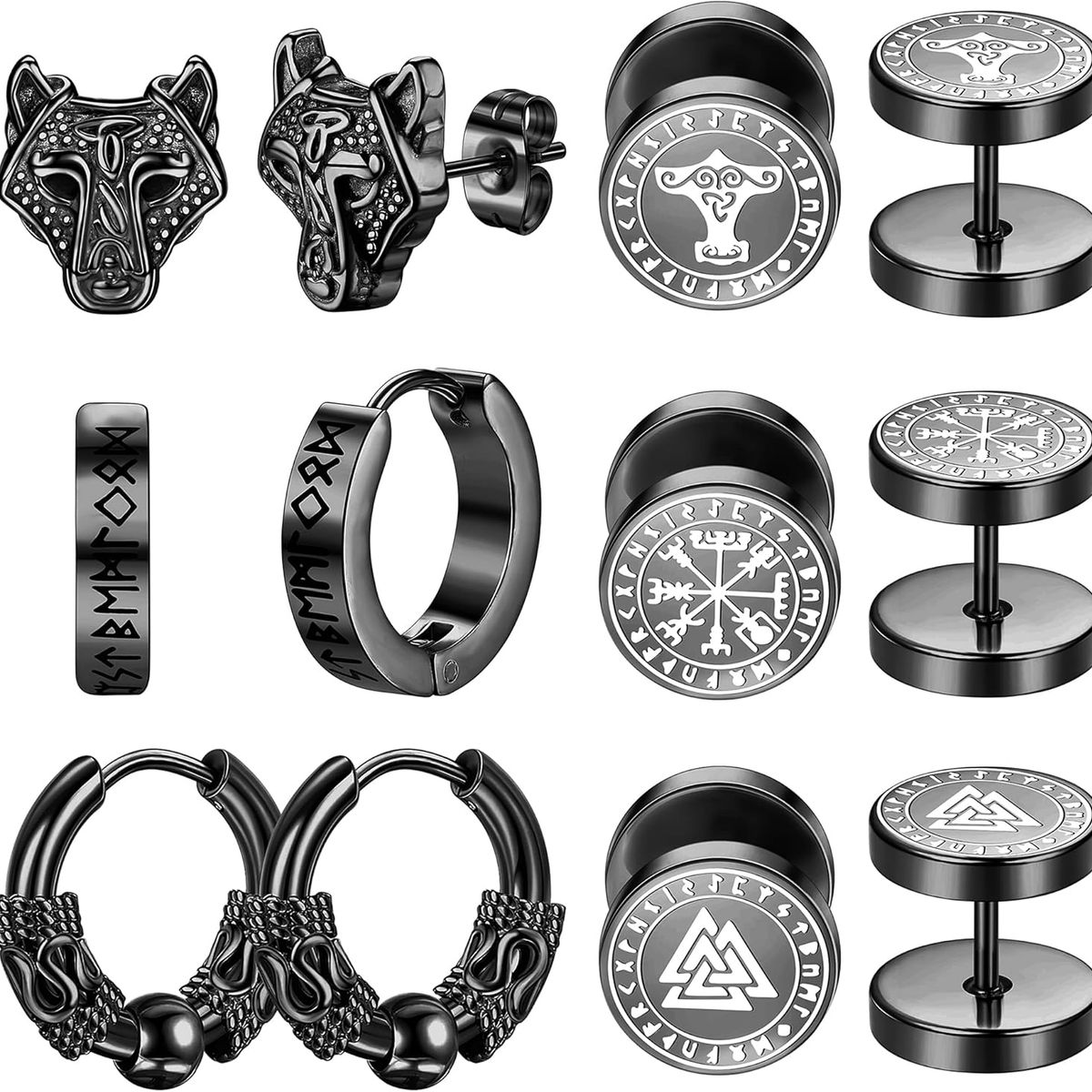 KUANGYE - 6 Pares Aretes Con Piercing Pendientes Runas Vikingas Hombre.-