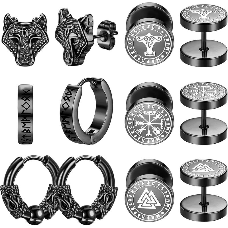 KUANGYE - 6 Pares Aretes Con Piercing Pendientes Runas Vikingas Hombre.-