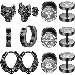 KUANGYE - 6 Pares Aretes Con Piercing Pendientes Runas Vikingas Hombre.-