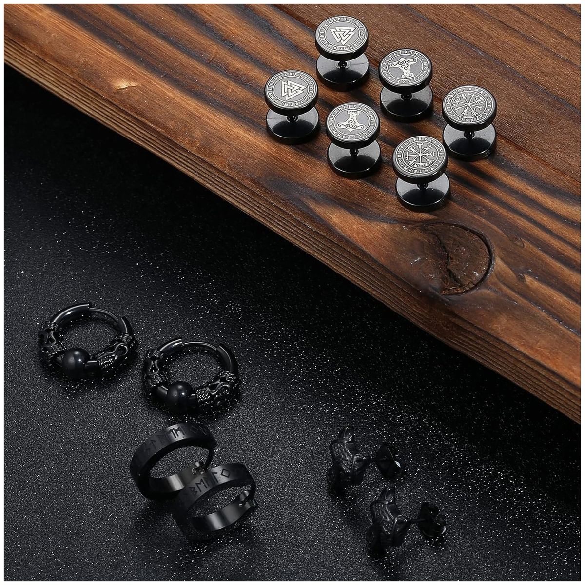KUANGYE - 6 Pares Aretes Con Piercing Pendientes Runas Vikingas Hombre.-