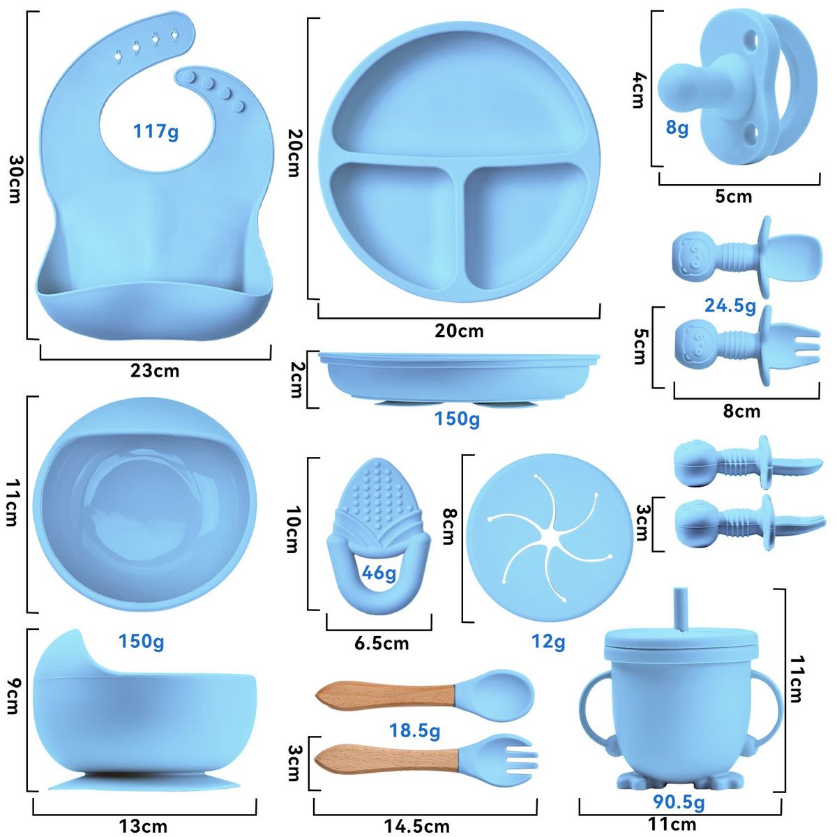 VIDITA - Set Alimentacion Bebe 11pcs Plato Silicona Bebé Azul