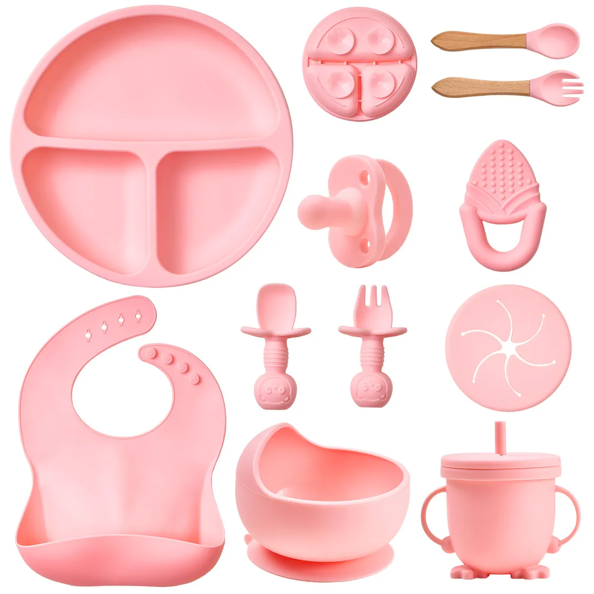 VIDITA - Set Alimentacion Bebe 11pcs Plato Silicona Bebé Rosa