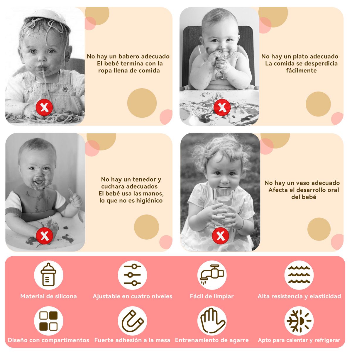 VIDITA - Set Alimentacion Bebe 11pcs Plato Silicona Bebé Rosa