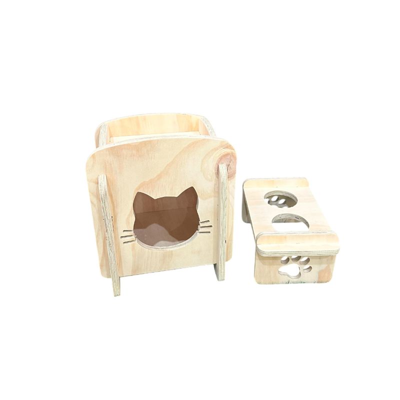 GENERICO - Casa Comedor De Madera Para Gatos - Diseño 2 En 1