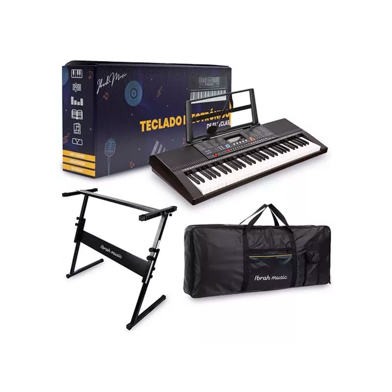 GENERICO - Teclado Musical 61 Teclas Ibrah Piano + Funda + Atril Color Negro