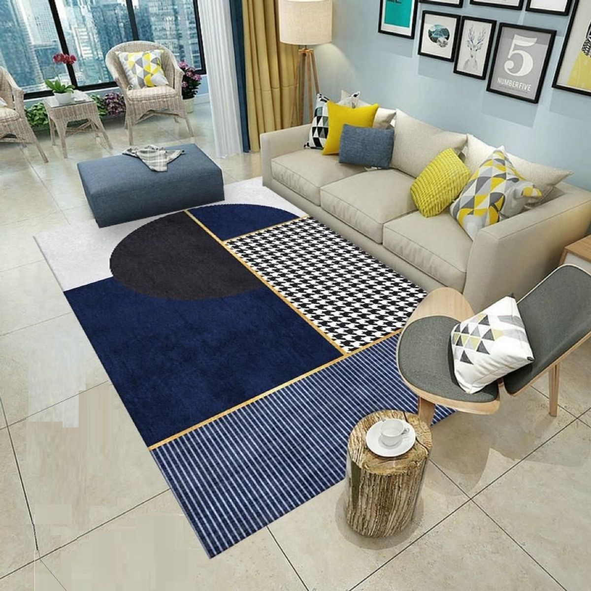 GENERICO - Alfombra 200x300 delgada diseño azul líneas antideslizante wym