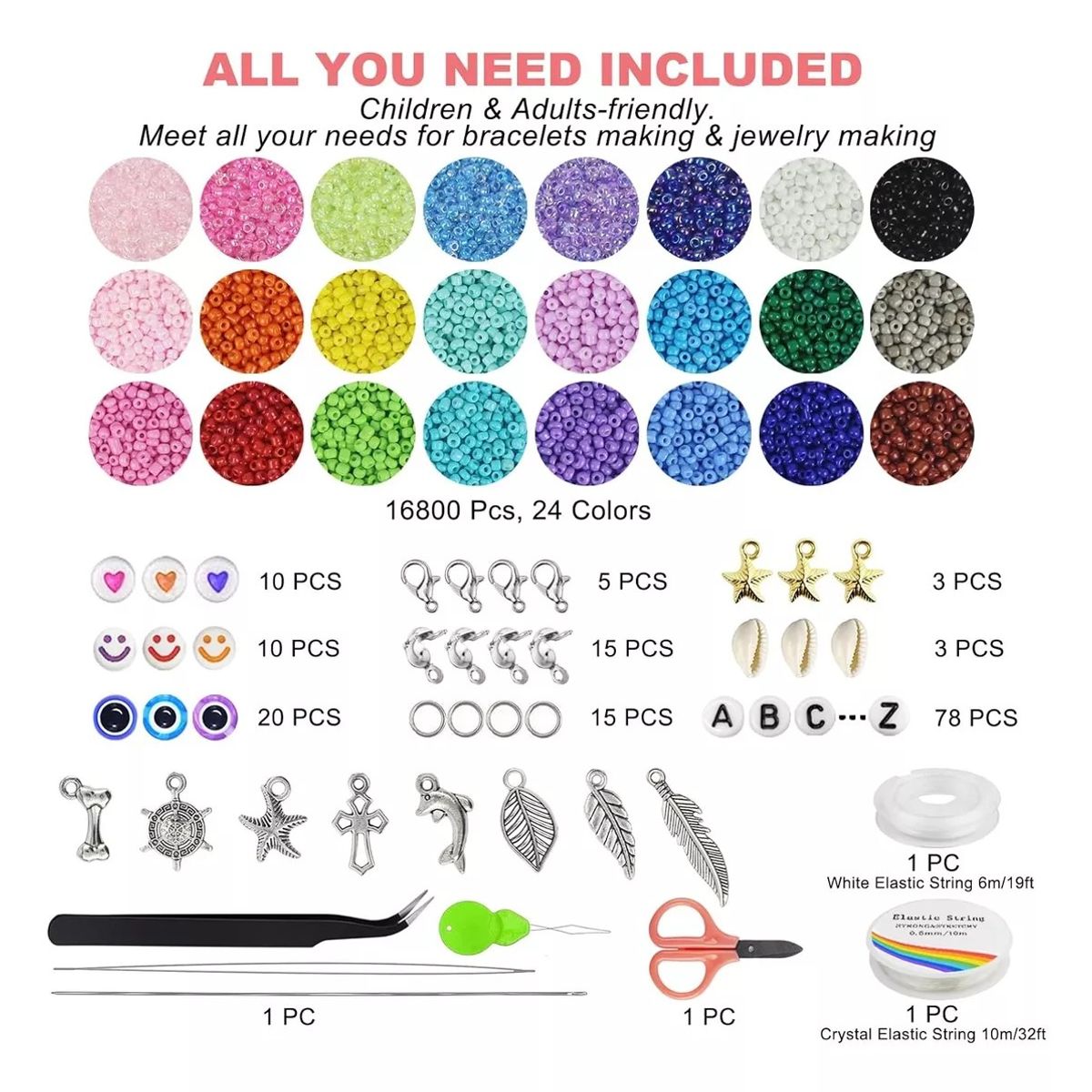 KUANGYE - Kit Para Hacer Pulseras De Mostacillas 24 Colores 17000 Uds