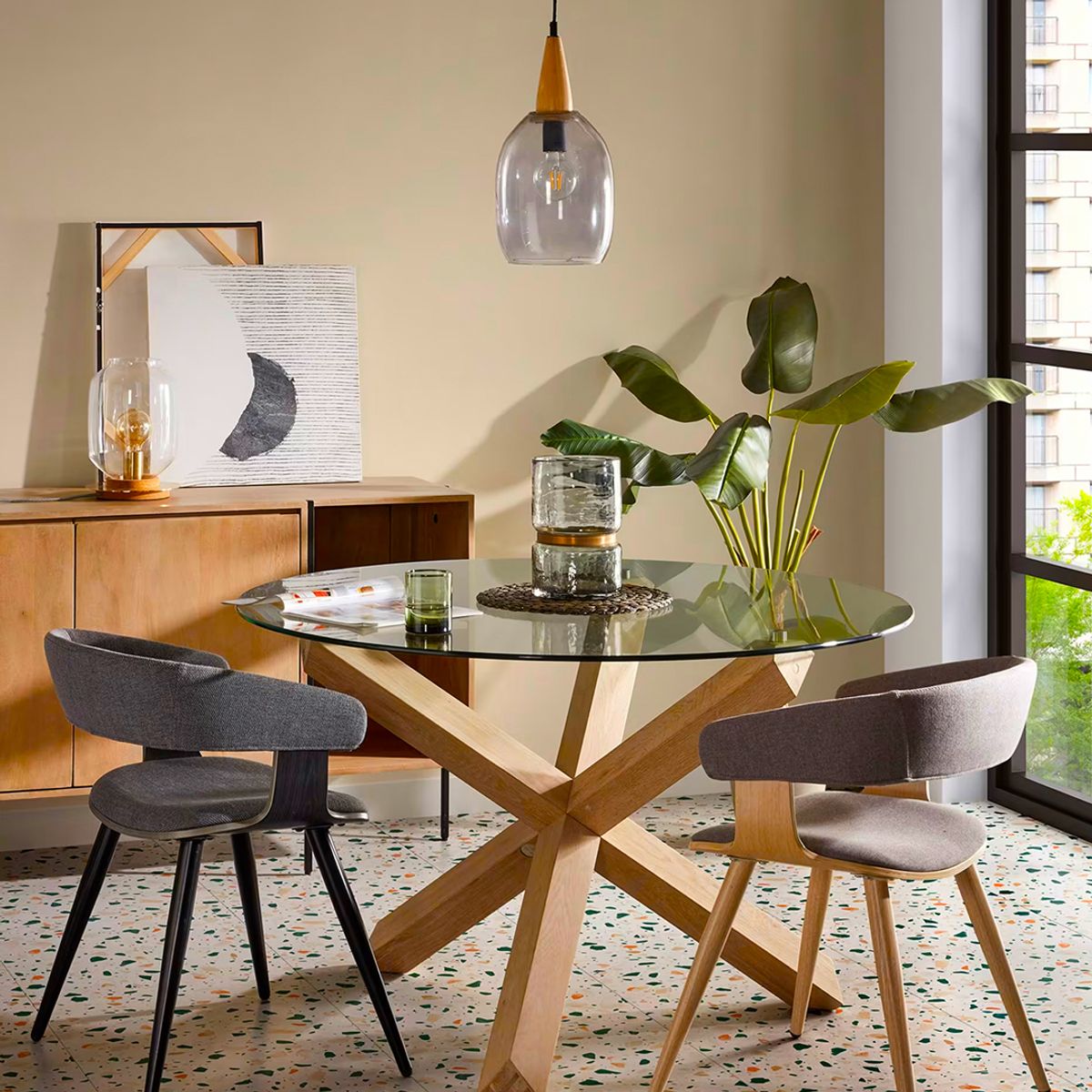 GENERICO - Mesa De Comedor De Vidrio Lotus Patas De Madera 120cm