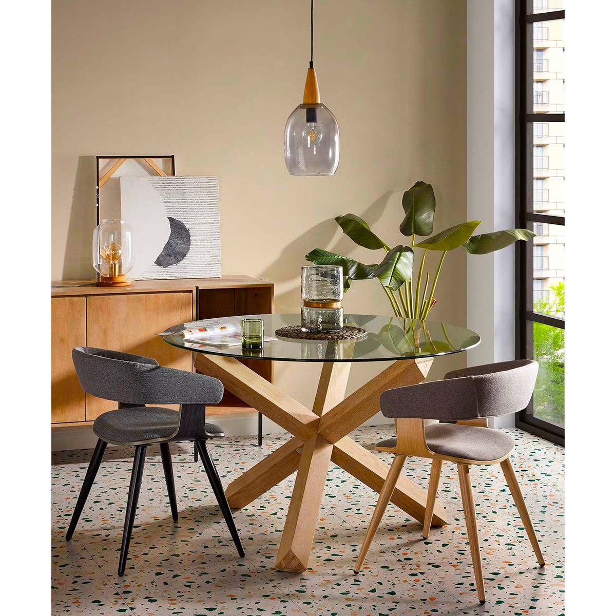 GENERICO - Mesa De Comedor De Vidrio Lotus Patas De Madera 120cm
