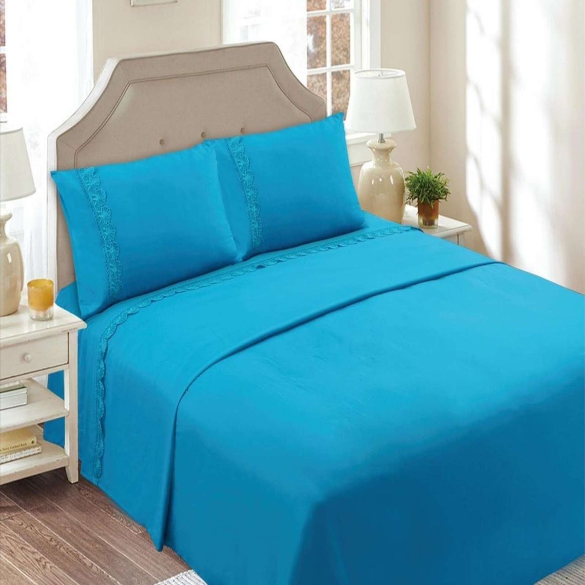 GENERICO - JUEGO DE SABANAS PLAZA Y MEDIA CELESTE 144 HILOS