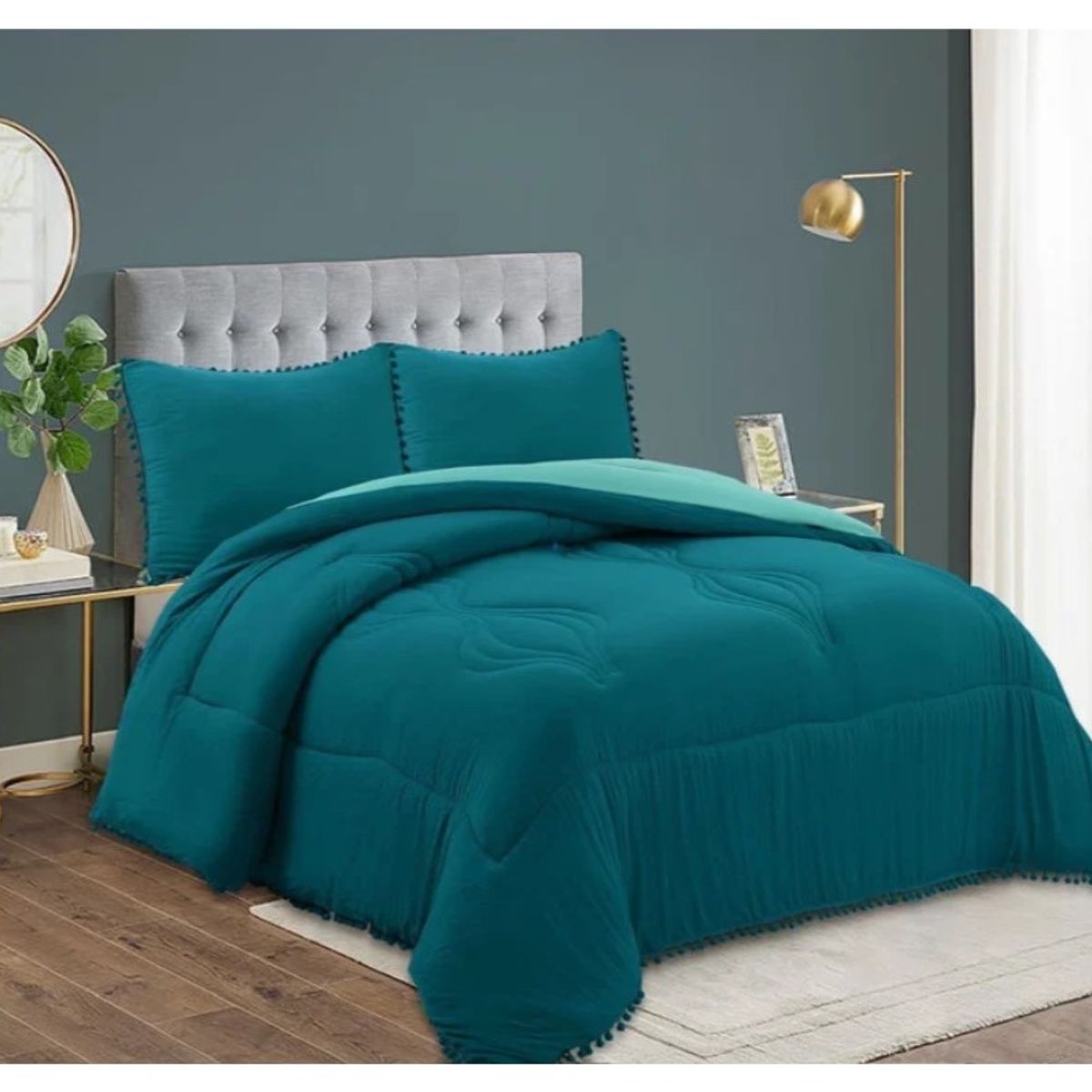 GENERICO - Cobertor Plumón Algodón Bohemio Pompones Petróleo 2 Plazas