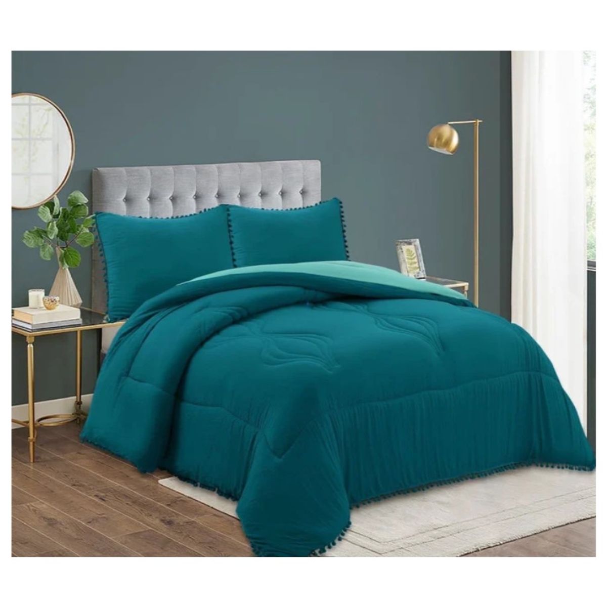 GENERICO - Cobertor Plumón Algodón Bohemio Pompones Petróleo 2 Plazas