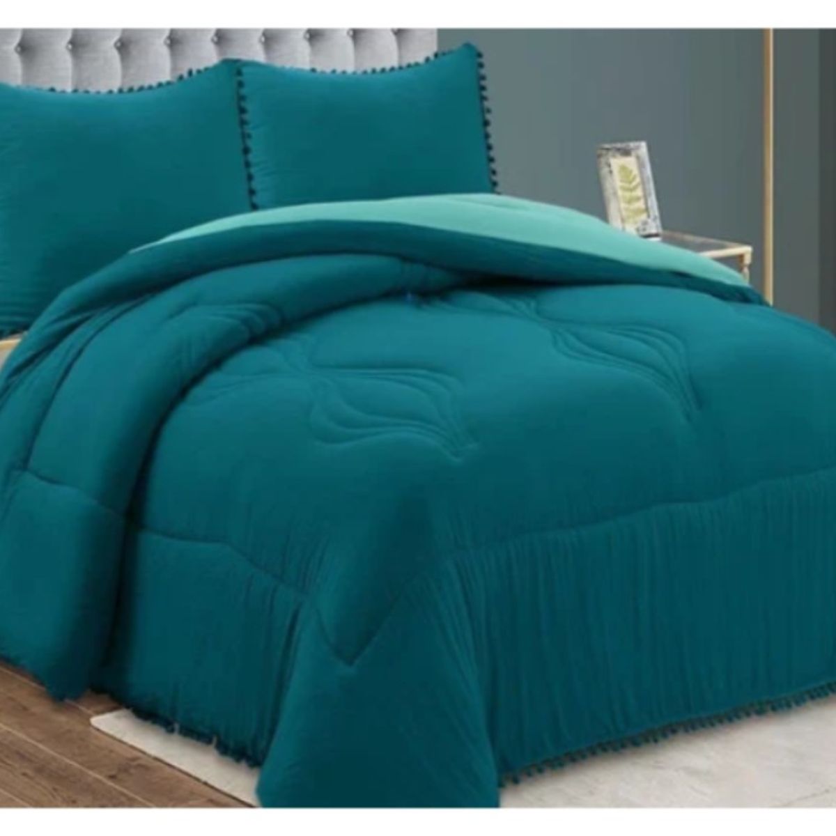 GENERICO - Cobertor Plumón Algodón Bohemio Pompones Petróleo 2 Plazas