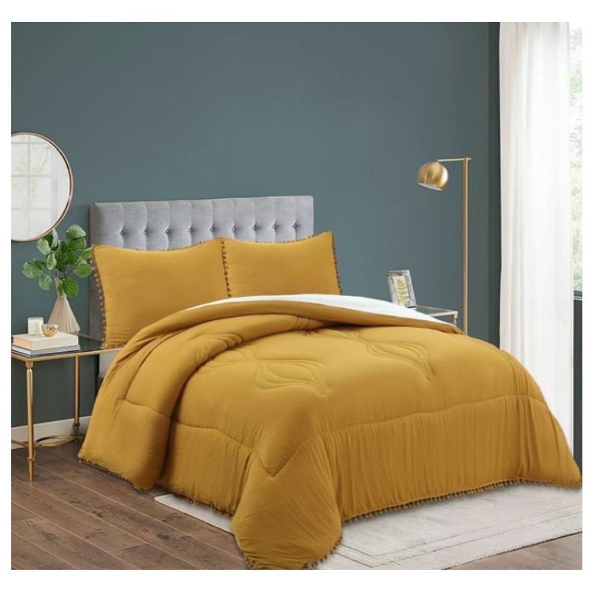 GENERICO - Cobertor Plumón Algodón Bohemio Pompones Mostaza 2 Plazas