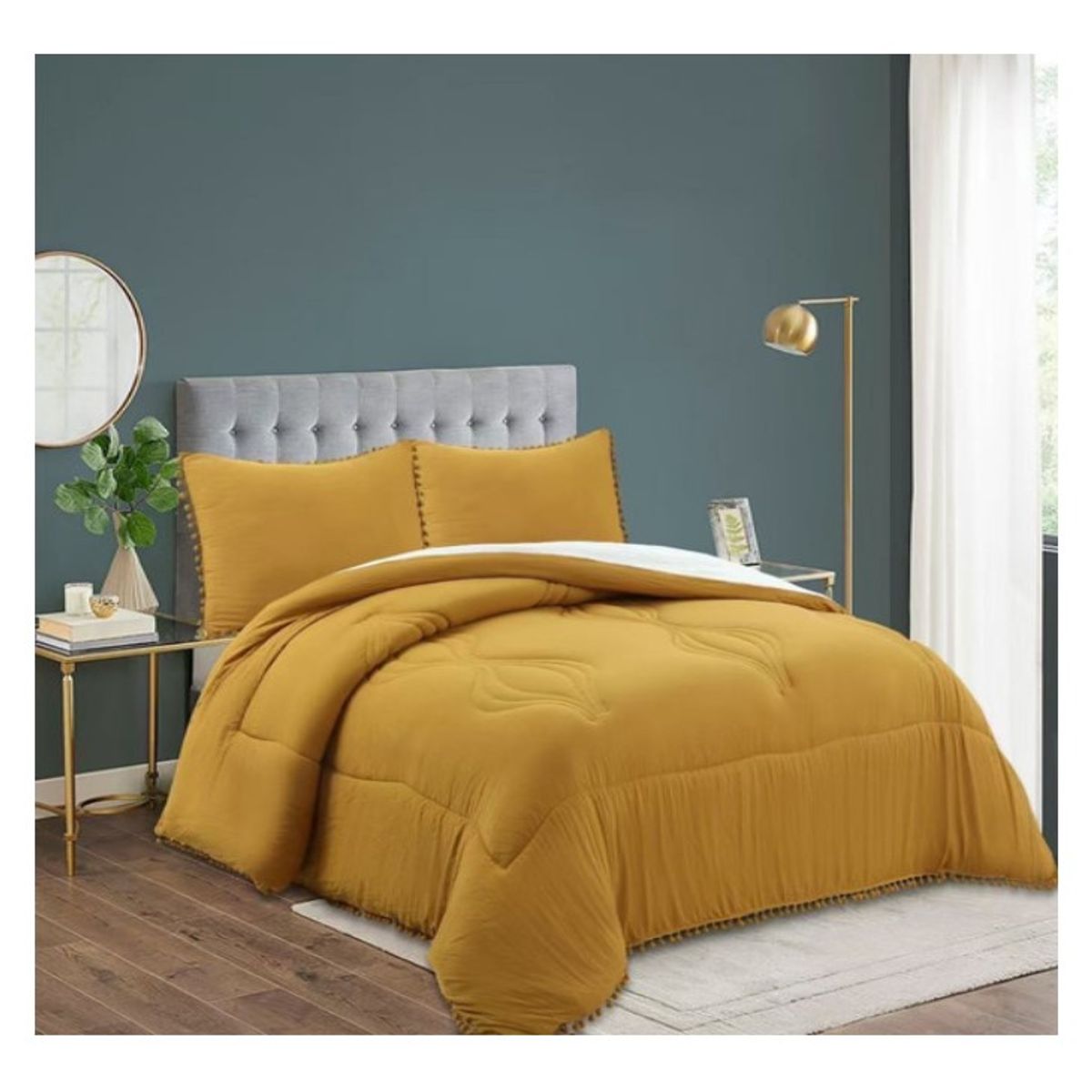 GENERICO - Cobertor Plumón Algodón Bohemio Pompones Mostaza 2 Plazas