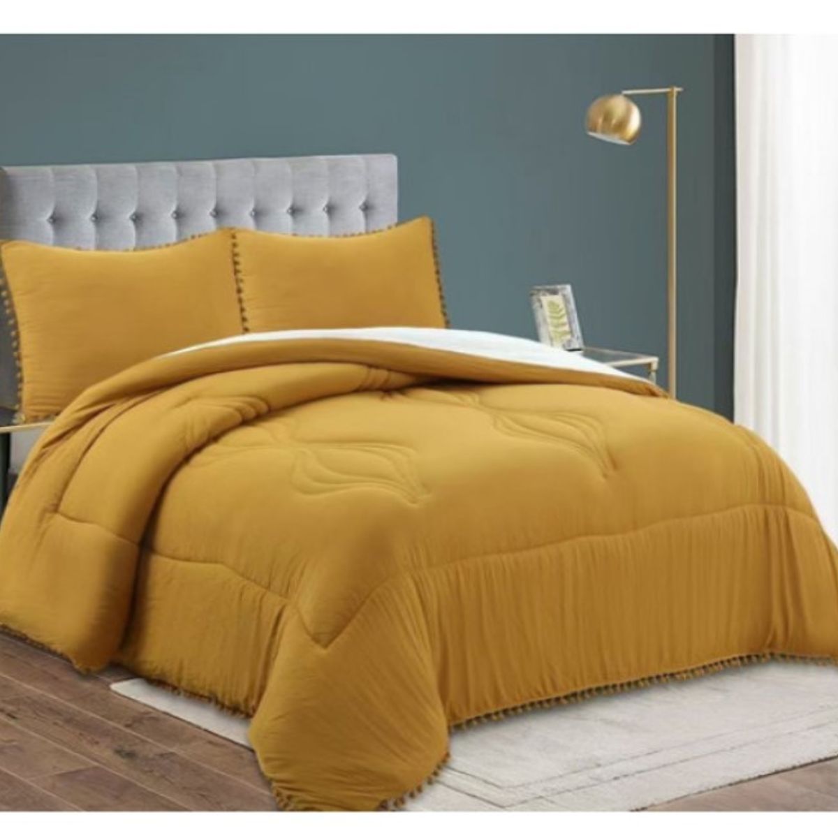 GENERICO - Cobertor Plumón Algodón Bohemio Pompones Mostaza 2 Plazas