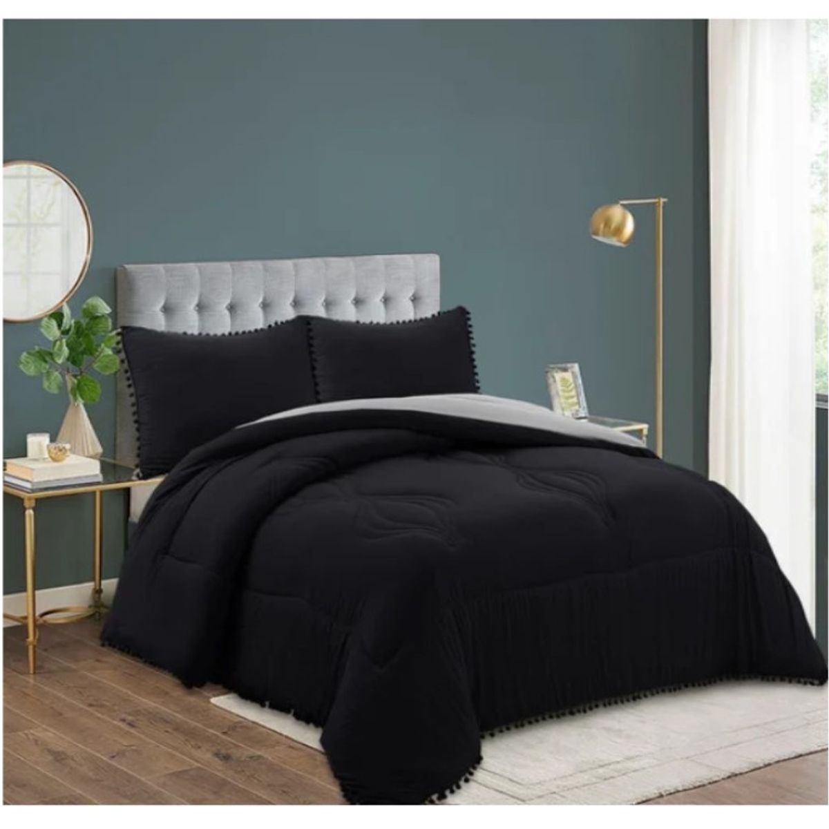 GENERICO - Cobertor Plumón Algodón Bohemio Pompones Negro 2 Plazas