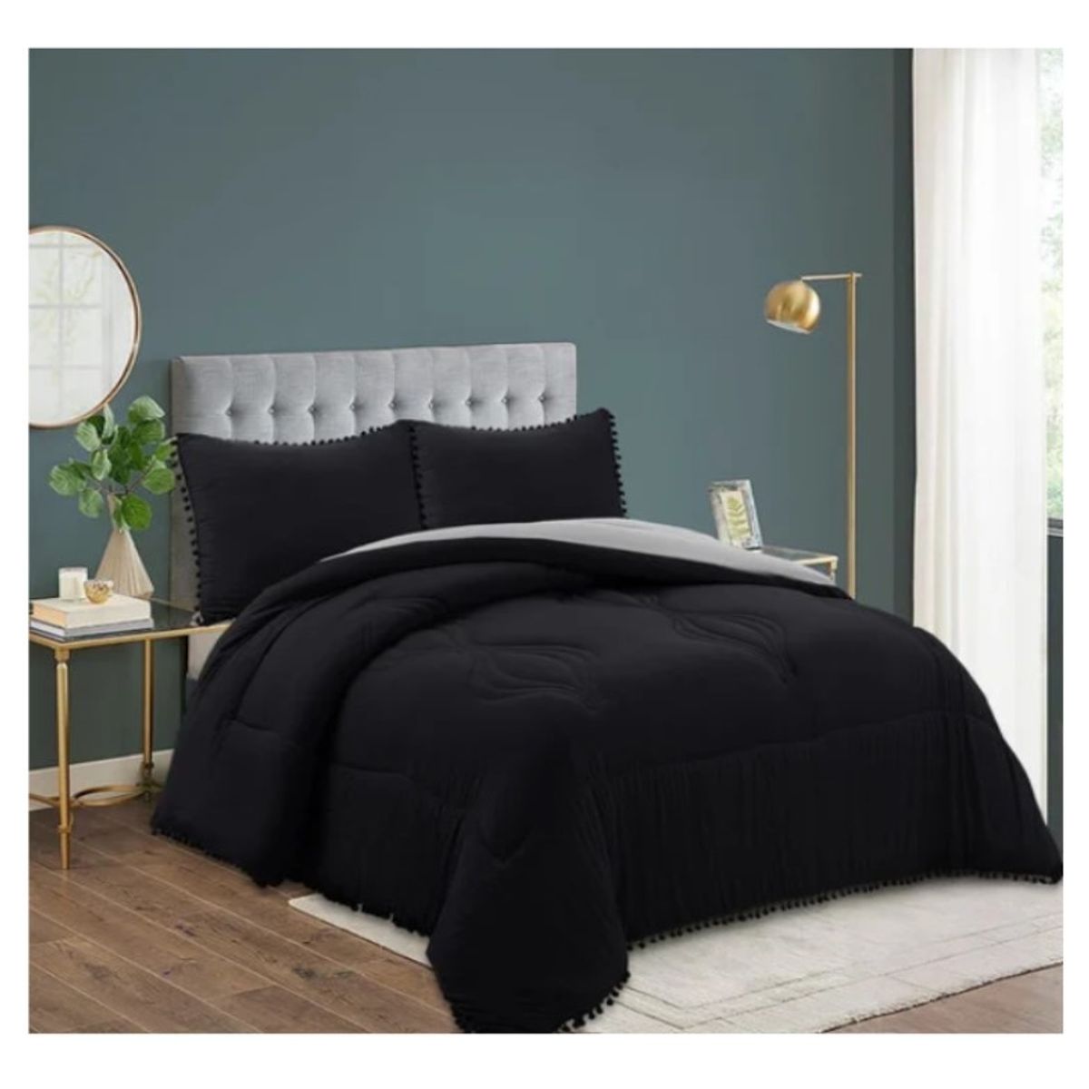 GENERICO - Cobertor Plumón Algodón Bohemio Pompones Negro 2 Plazas