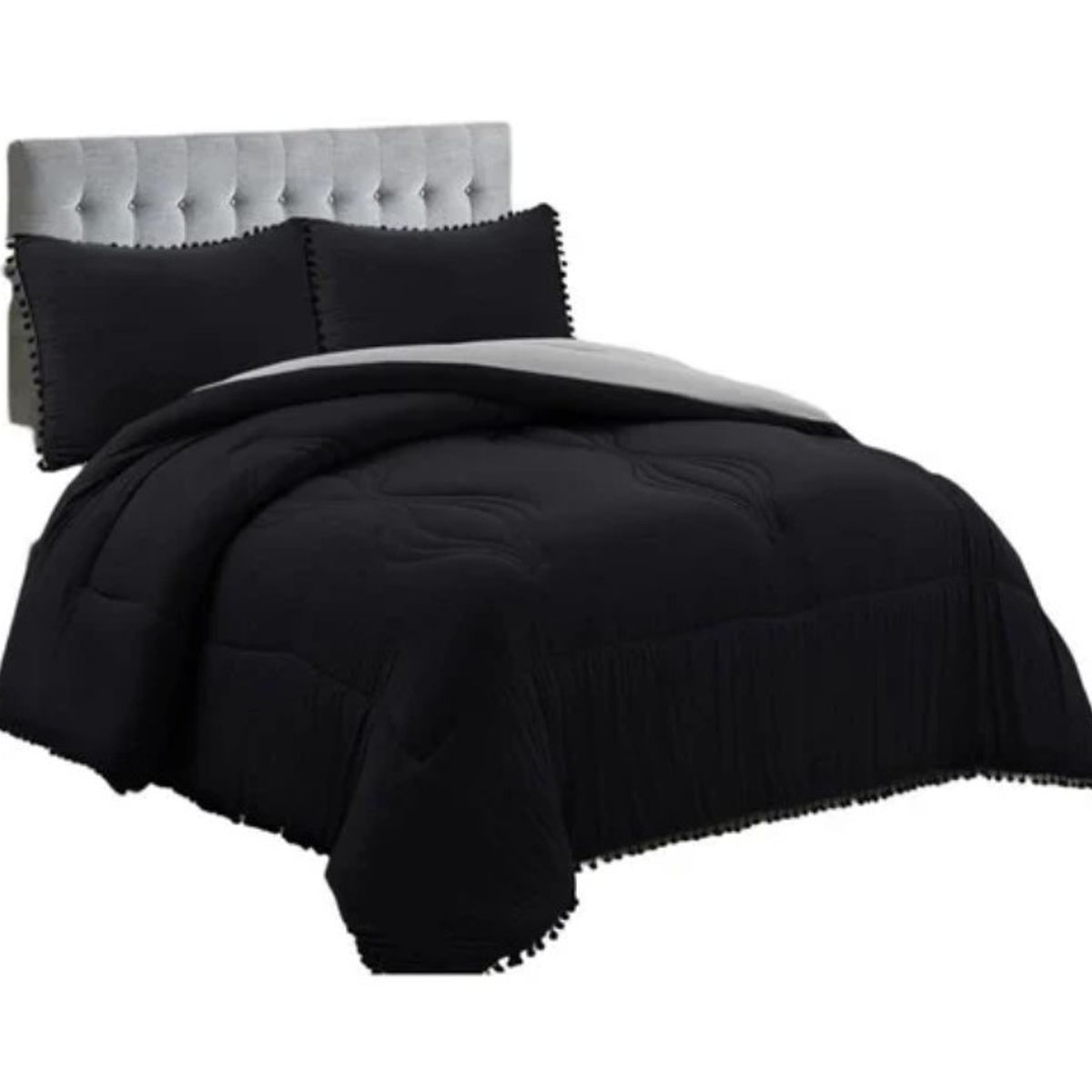 GENERICO - Cobertor Plumón Algodón Bohemio Pompones Negro 2 Plazas