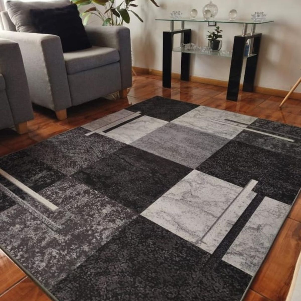 GENERICO - Alfombra 160x200 delgada diseño gris cuadro antideslizante