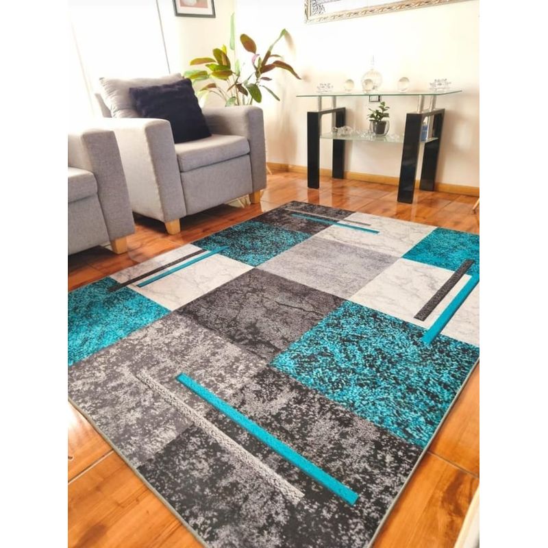 GENERICO - Alfombra 160x200 delgada diseño cuadro turquesa antideslizante wym