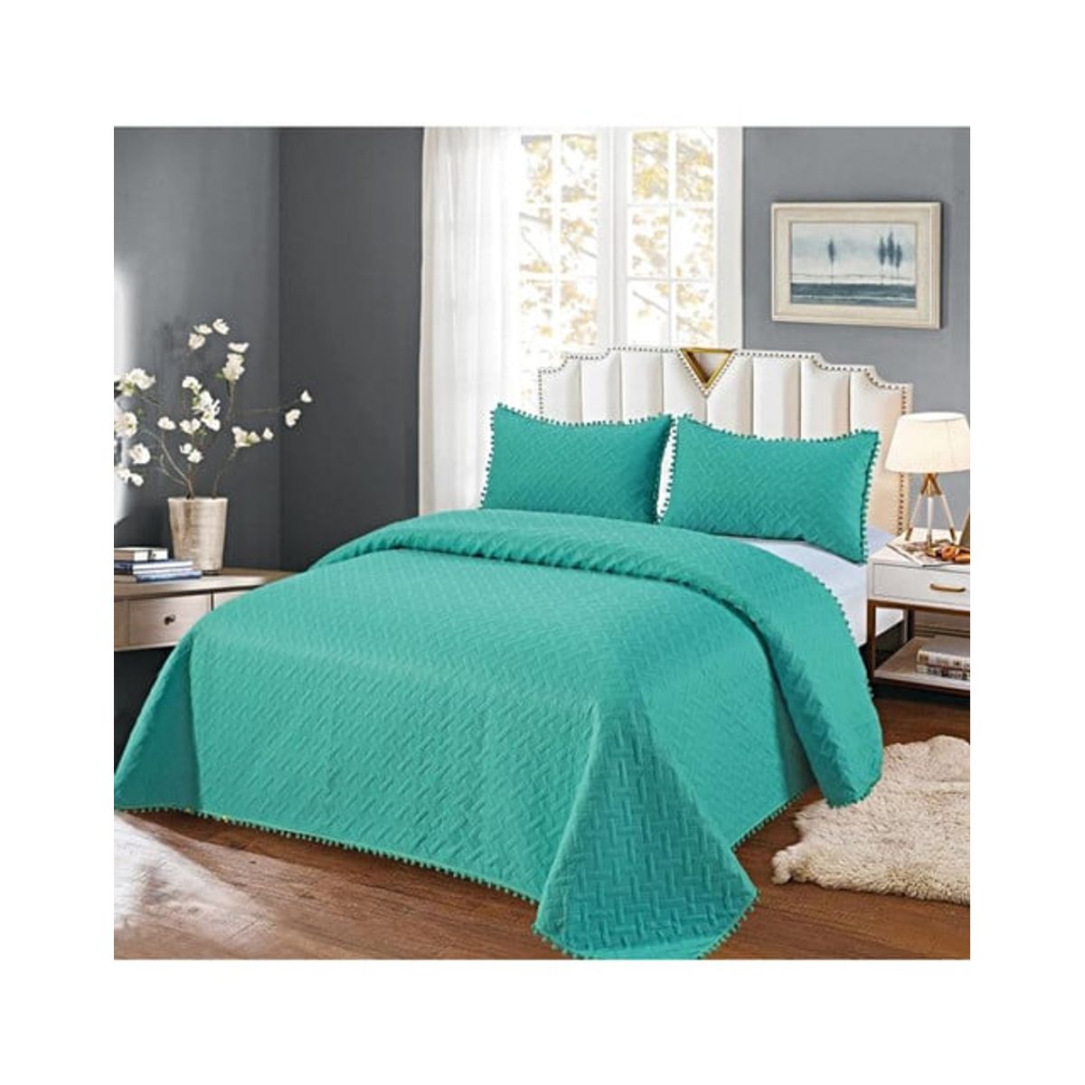 GENERICO - COLCHA QUILT DE VERANO CON POMPONES  PLAZA Y MEDIA