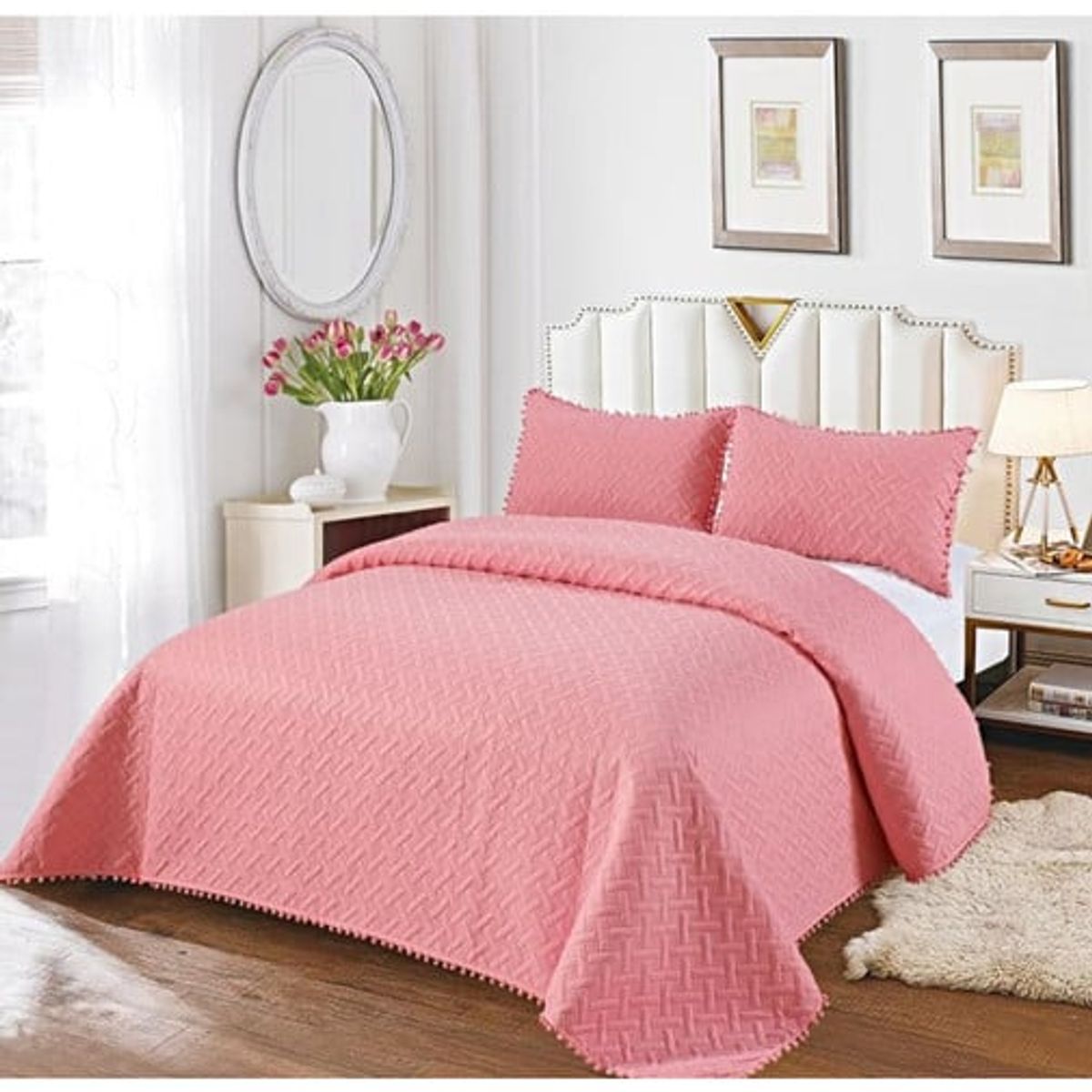 GENERICO - COLCHA QUILT DE VERANO CON POMPONES  PLAZA Y MEDIA