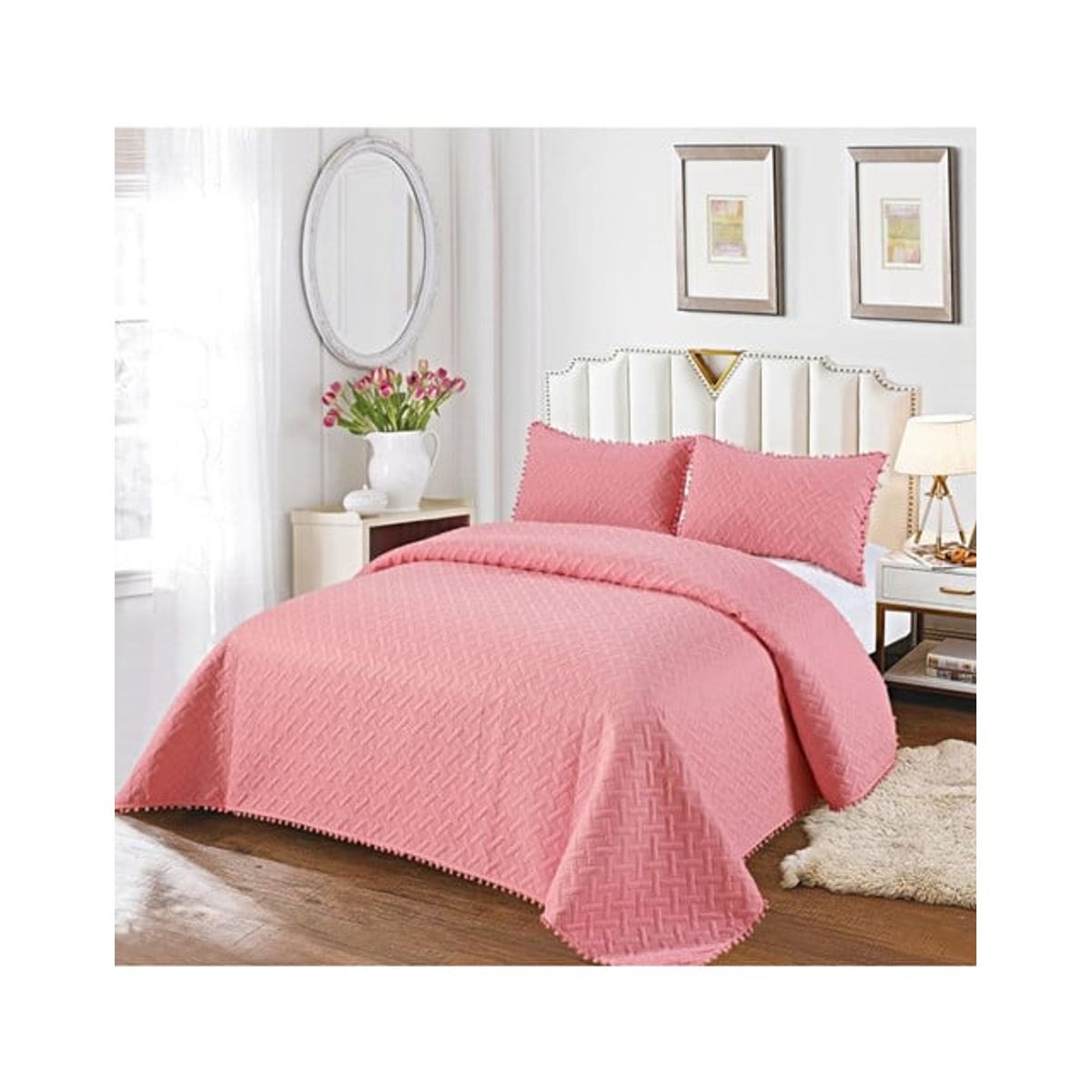 GENERICO - COLCHA QUILT DE VERANO CON POMPONES  2 PLAZAS