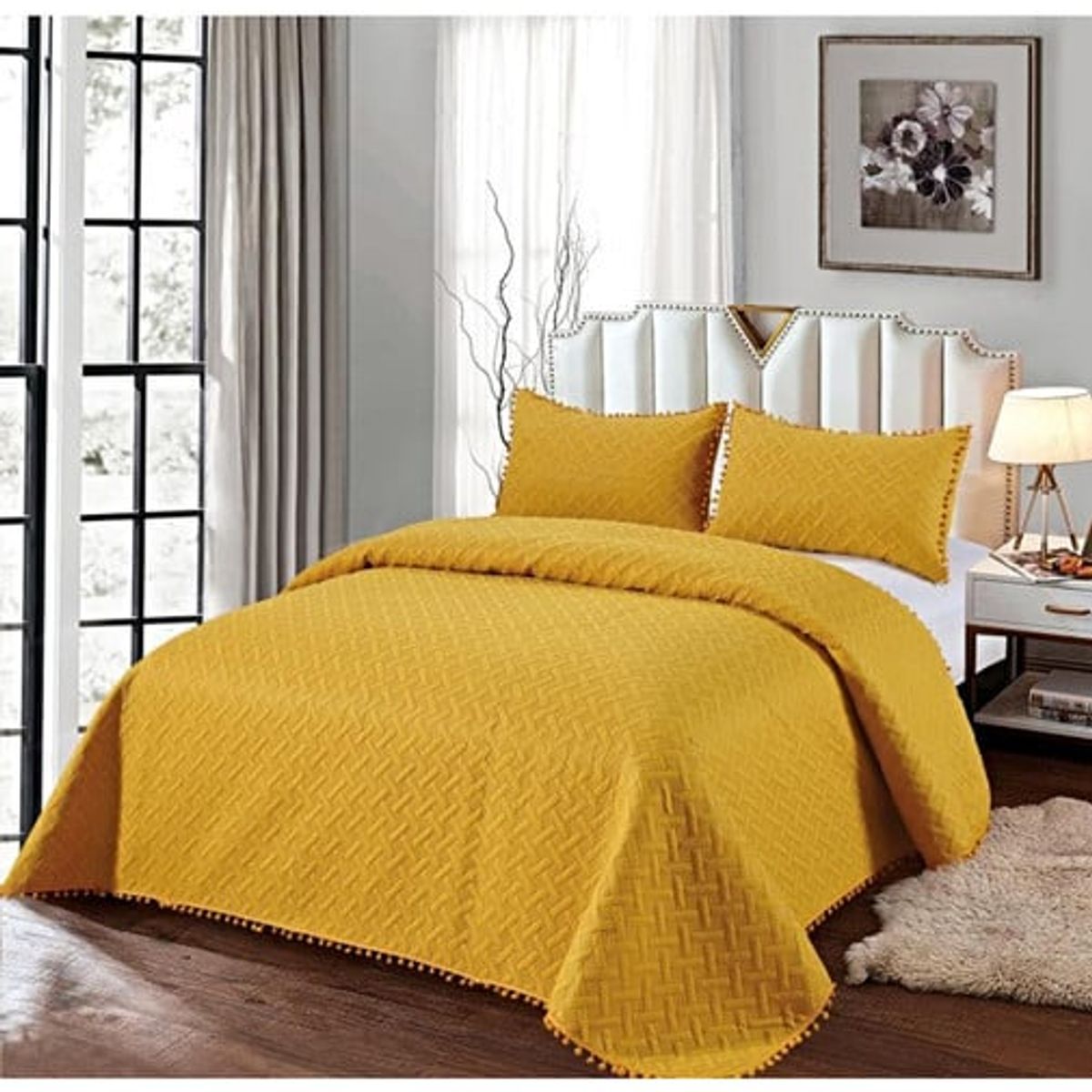 GENERICO - COLCHA QUILT DE VERANO CON POMPONES  PLAZA Y MEDIA