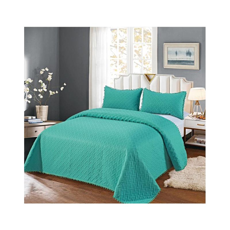 GENERICO - COLCHA QUILT DE VERANO CON POMPONES  PLAZA Y MEDIA