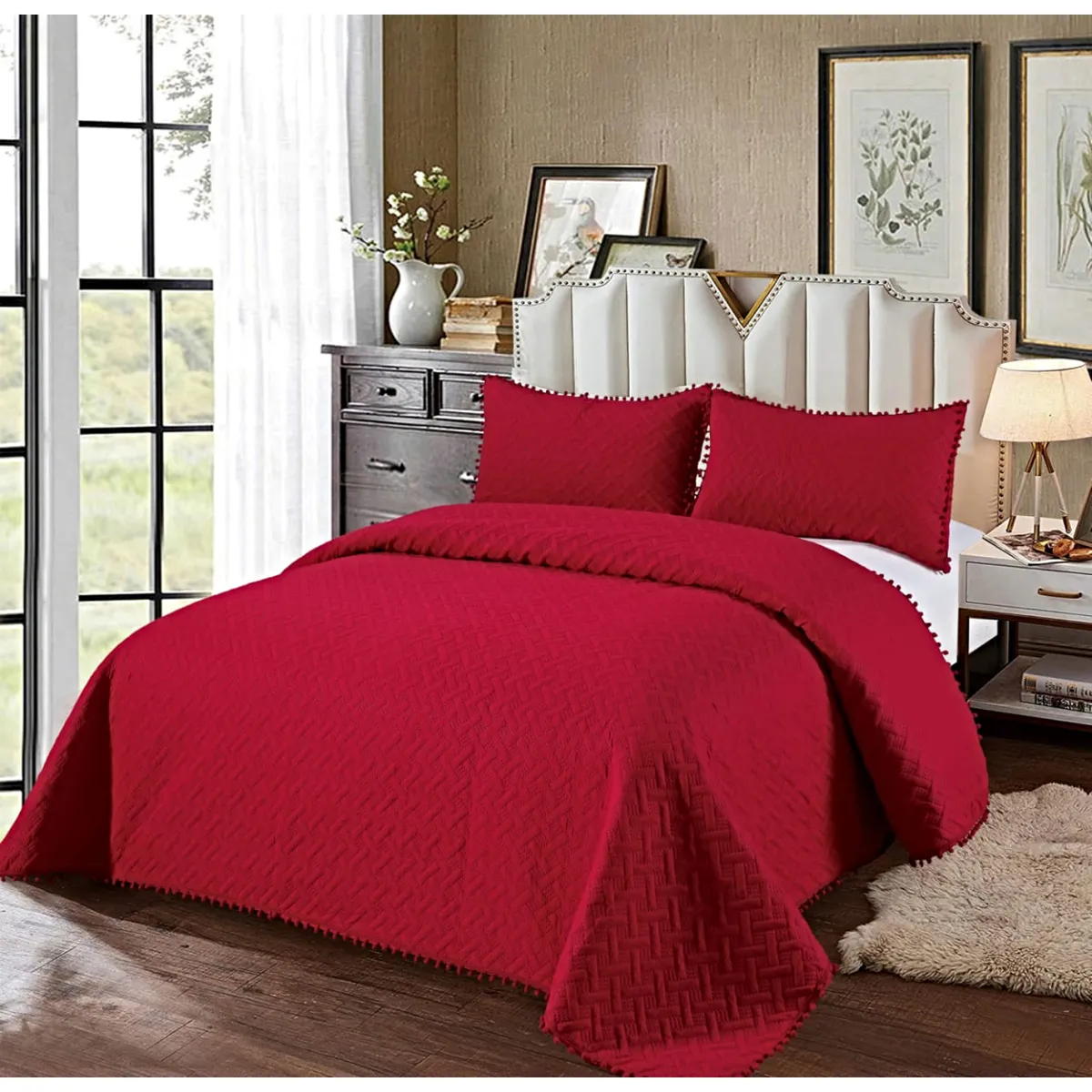 GENERICO - COLCHA QUILT DE VERANO CON POMPONES  2 PLAZAS