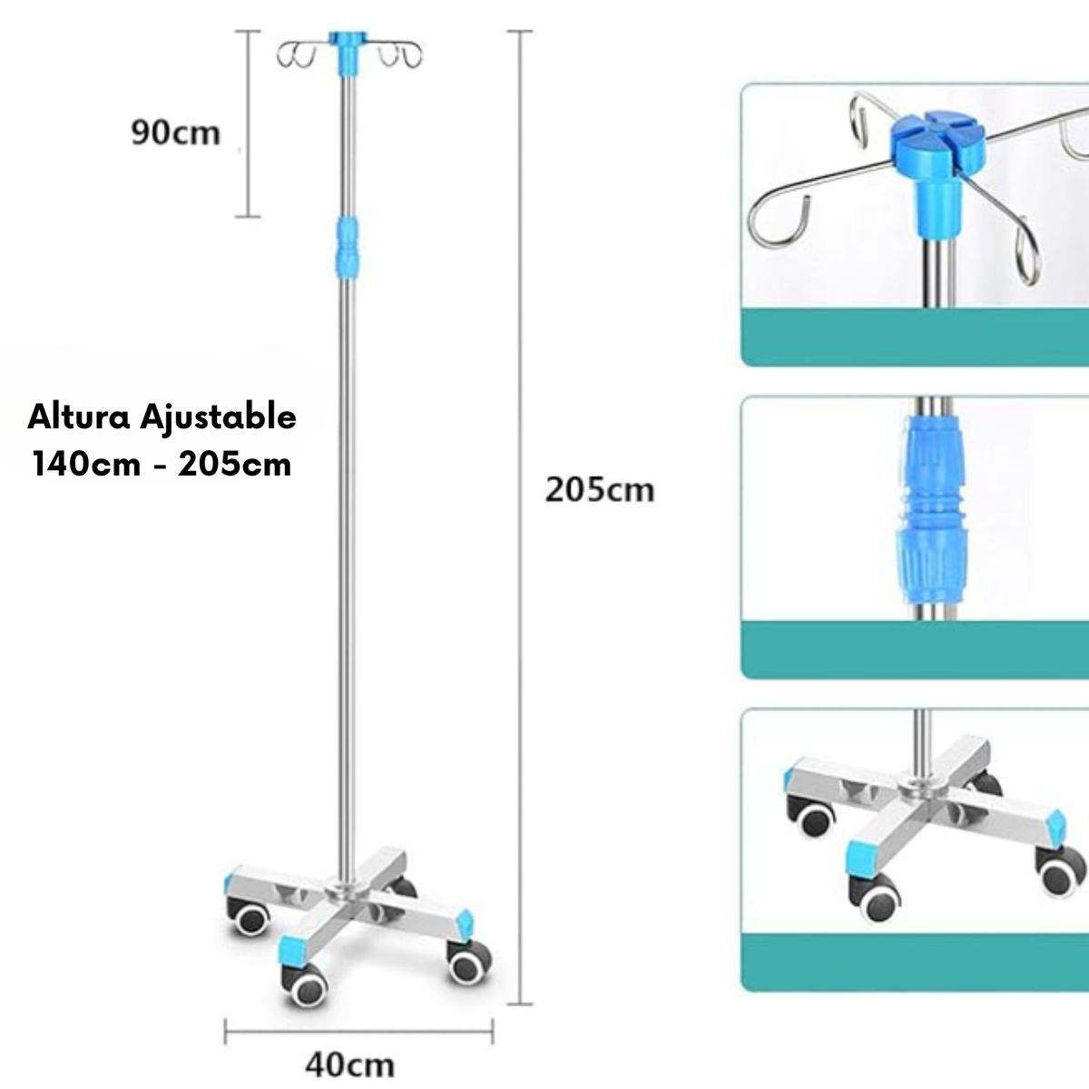 COSMETICAVAL - Porta Suero Con Ruedas Altura Ajustable Para 4 Bolsas
