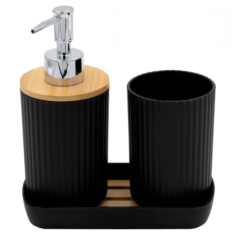 GENERICO - Set Baño 3 Piezas Porta Jabón, Vaso Y Dispensador Líquido Negro Avymaq