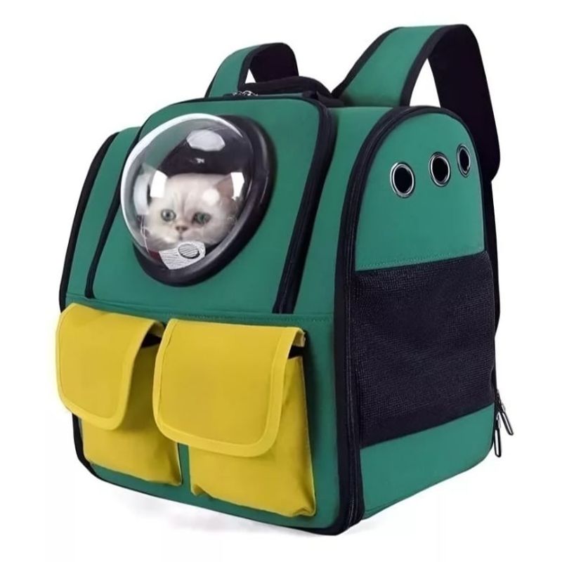 GENERICO - MOCHILA TRANSPORTADORA OXFORD  PARA MASCOTAS VERDE Y AMARILLO