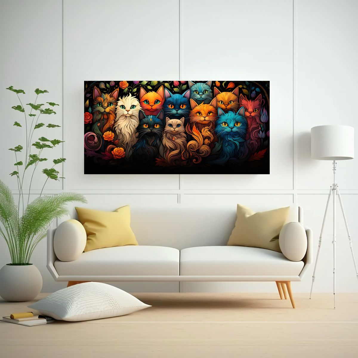 GENERICO - Cuadro Decorativo Gatos Negros Sonrientes En 100x50 Cm