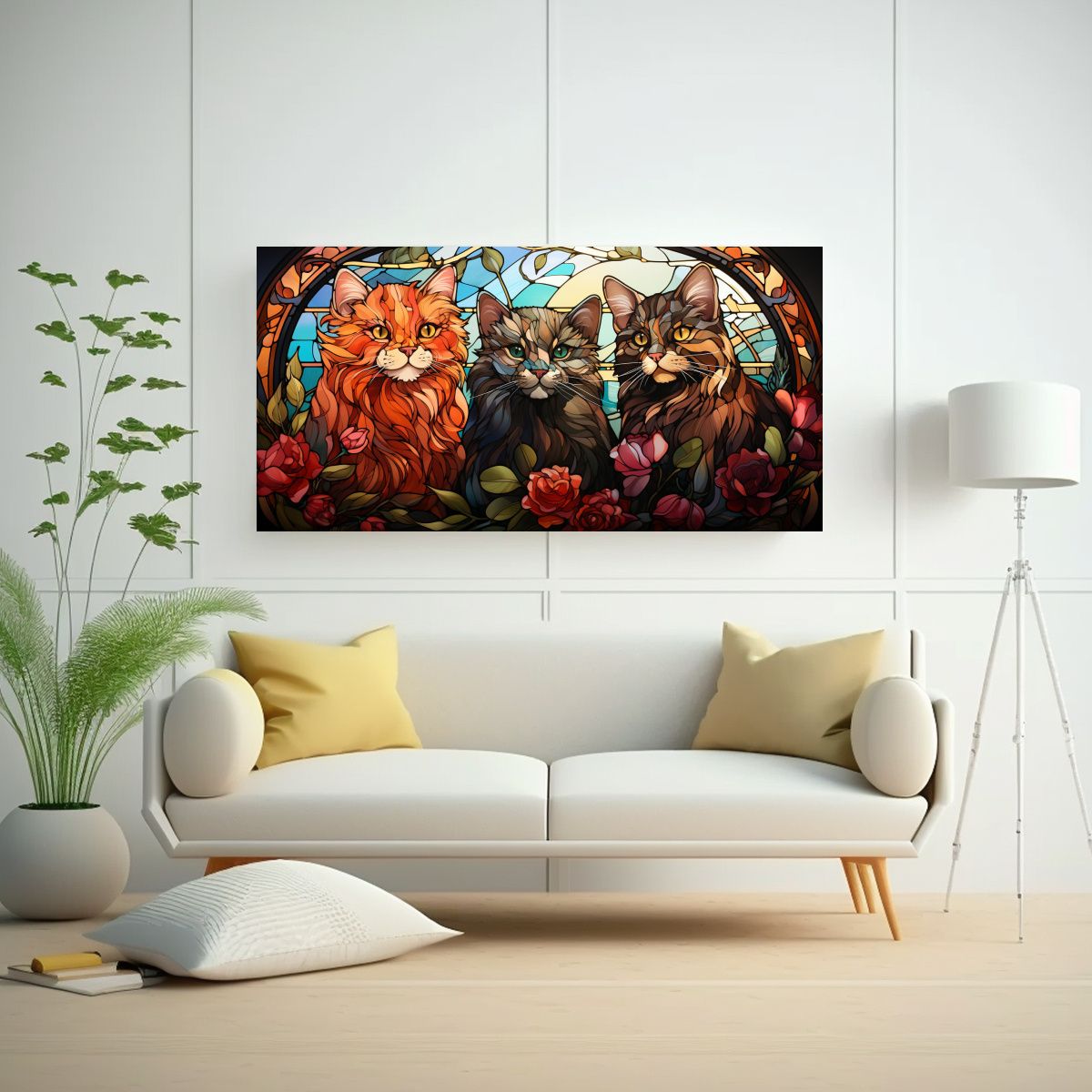 GENERICO - Arte Digital Ventana Vitral Gatos Adorables 100x50 Cm