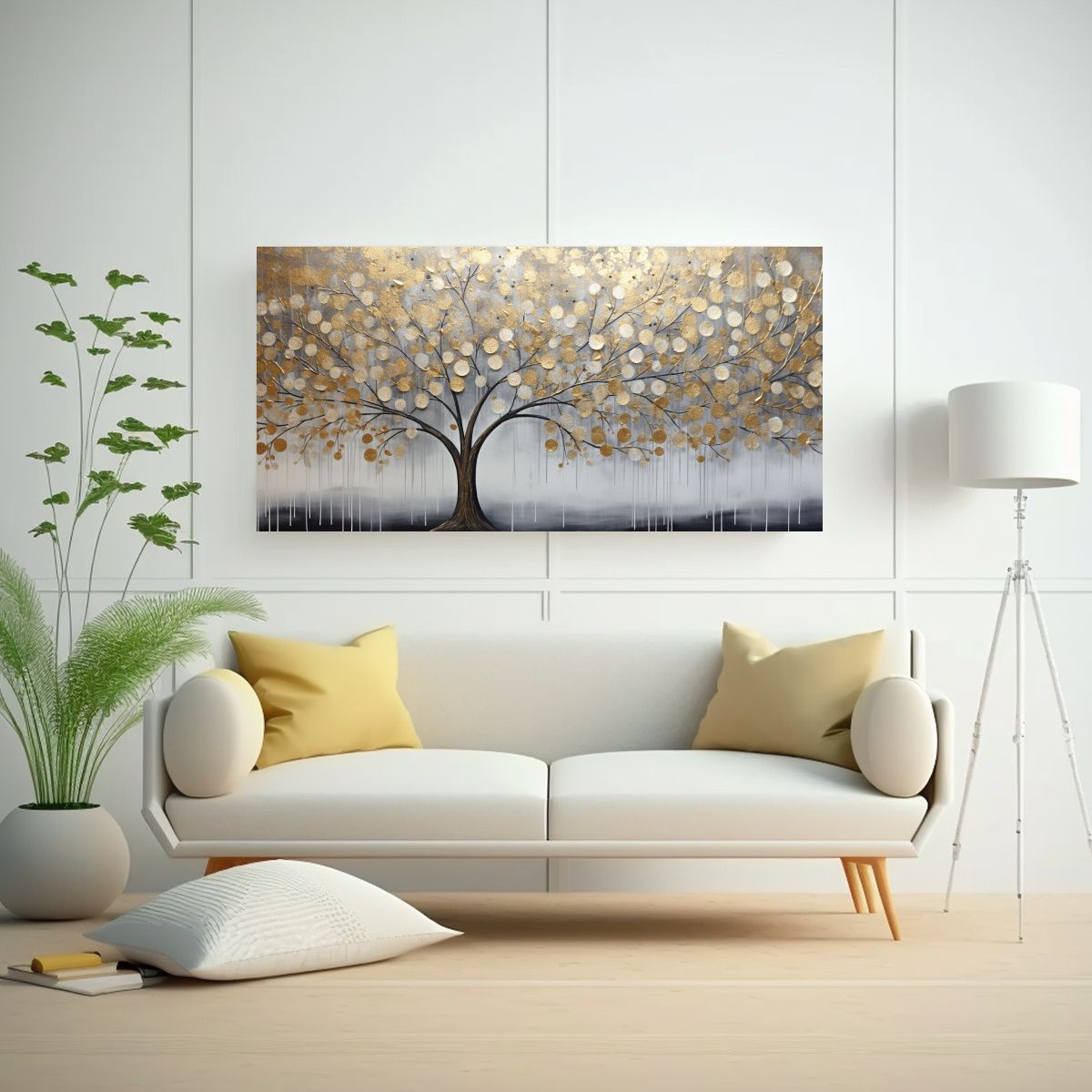 GENERICO - Cuadro De árbol En Dorado Y Plateado En Bastidor 80x40 Cm