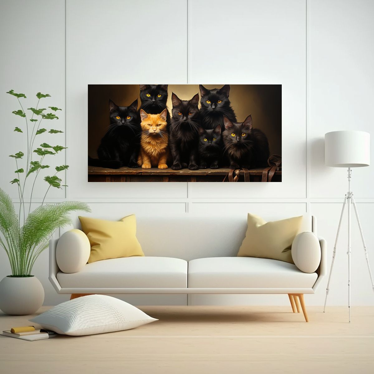 GENERICO - Cuadro Con Gatos Negros En Un Montón Mirando 60x30 Cm