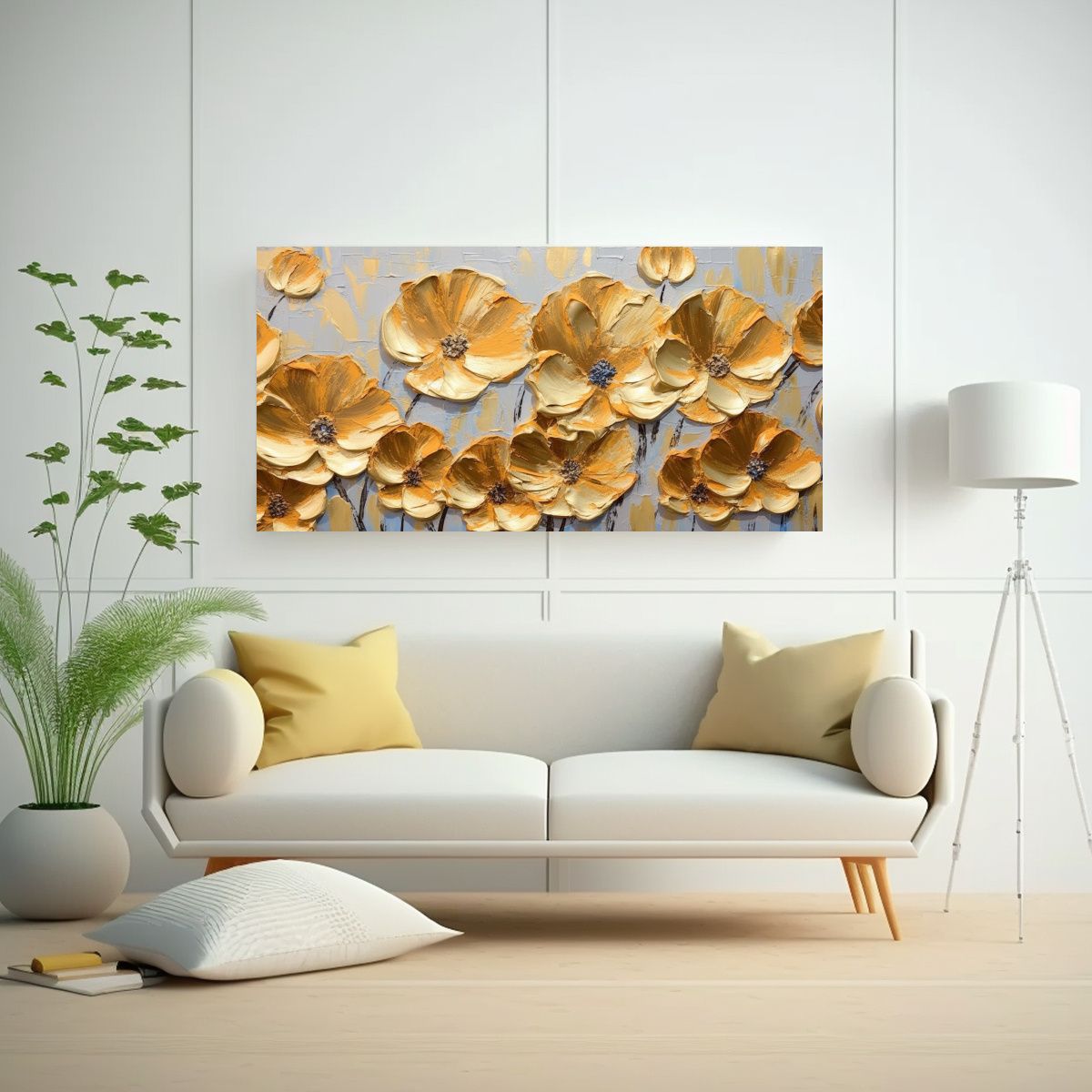 GENERICO - Pintura Abstracta De Lienzo Con Flores Doradas Y 80x40 Cm