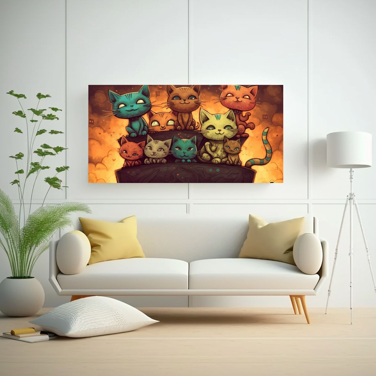GENERICO - Cuadros Gatos En Esquema Colores Mirando Hacia 60x30 Cm