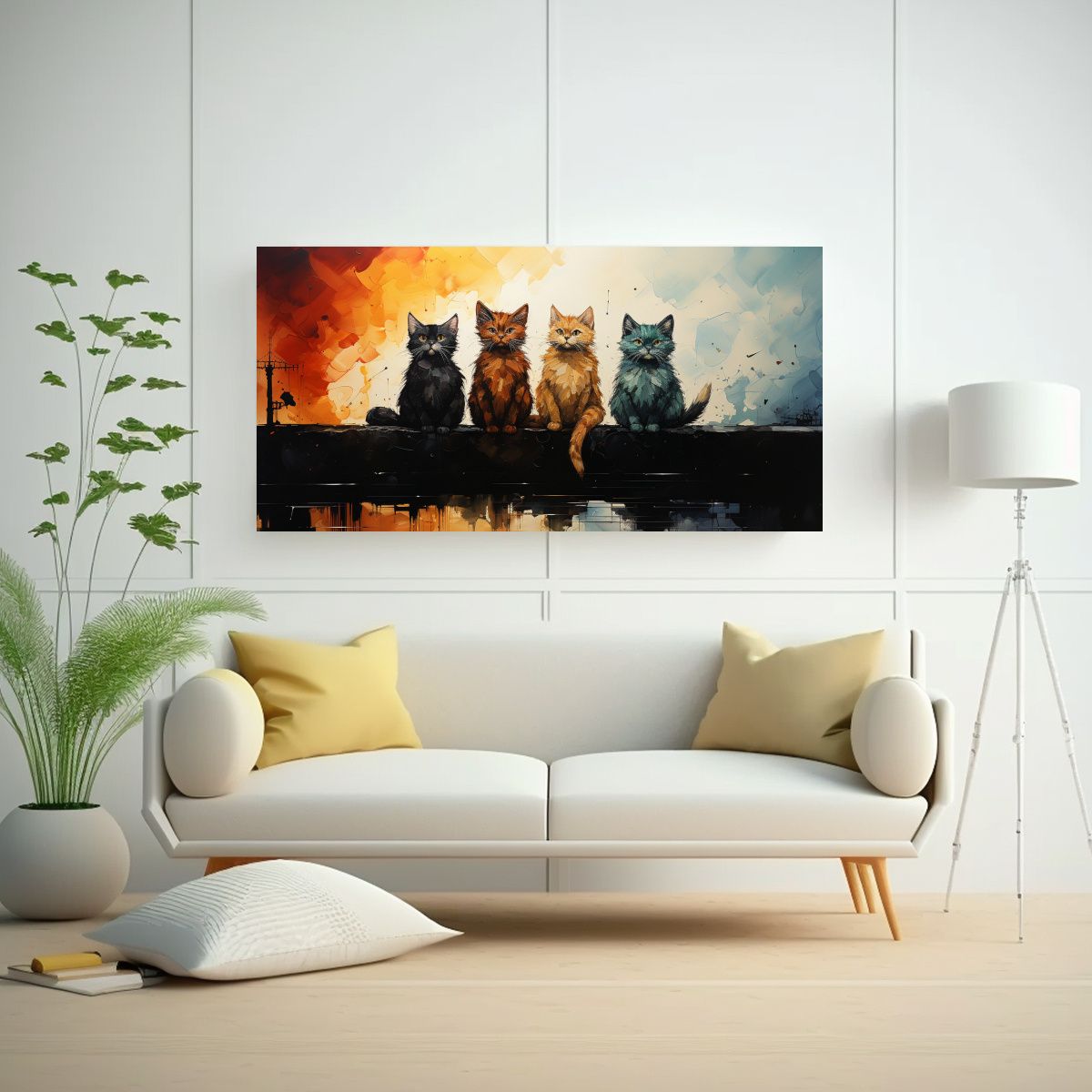 GENERICO - Cuadro Impreso Gatos Coloridos Mirando Hacia 80x40 Cm