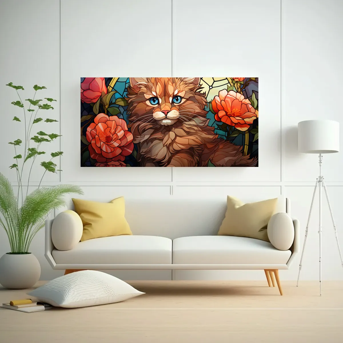 GENERICO - Cuadro De Tela Gato Y Flores En Estilo Cartoon 60x30 Cm