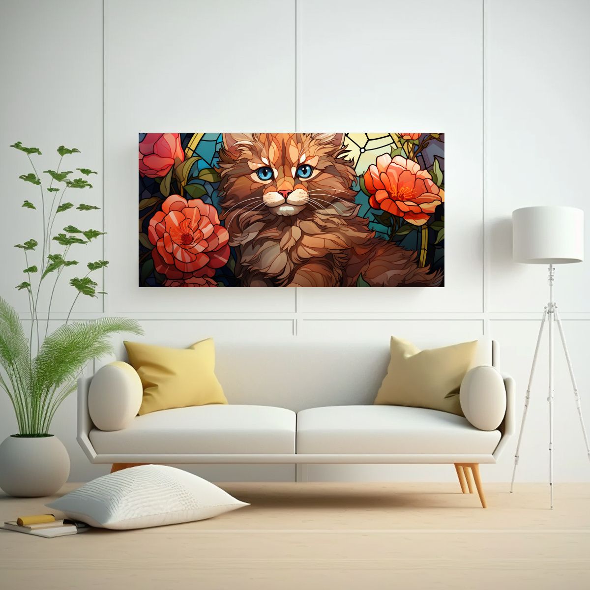 GENERICO - Cuadro De Tela Gato Y Flores En Estilo Cartoon 80x40 Cm