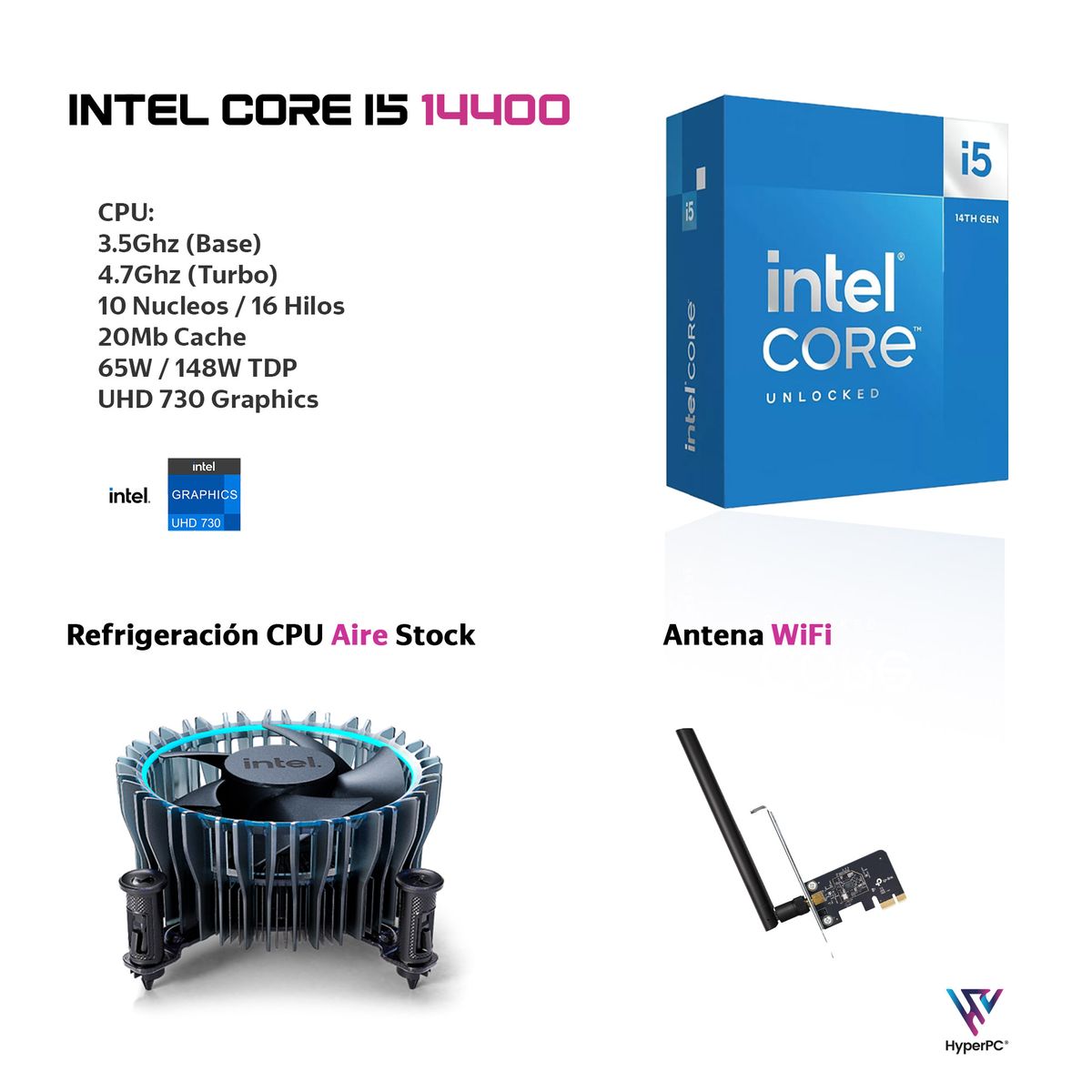 HYPERPC - PC mini + MONITOR 24 + Perif: INTEL CORE i5 14400 16Gb DDR5 1Tb UHD 730 WiFi