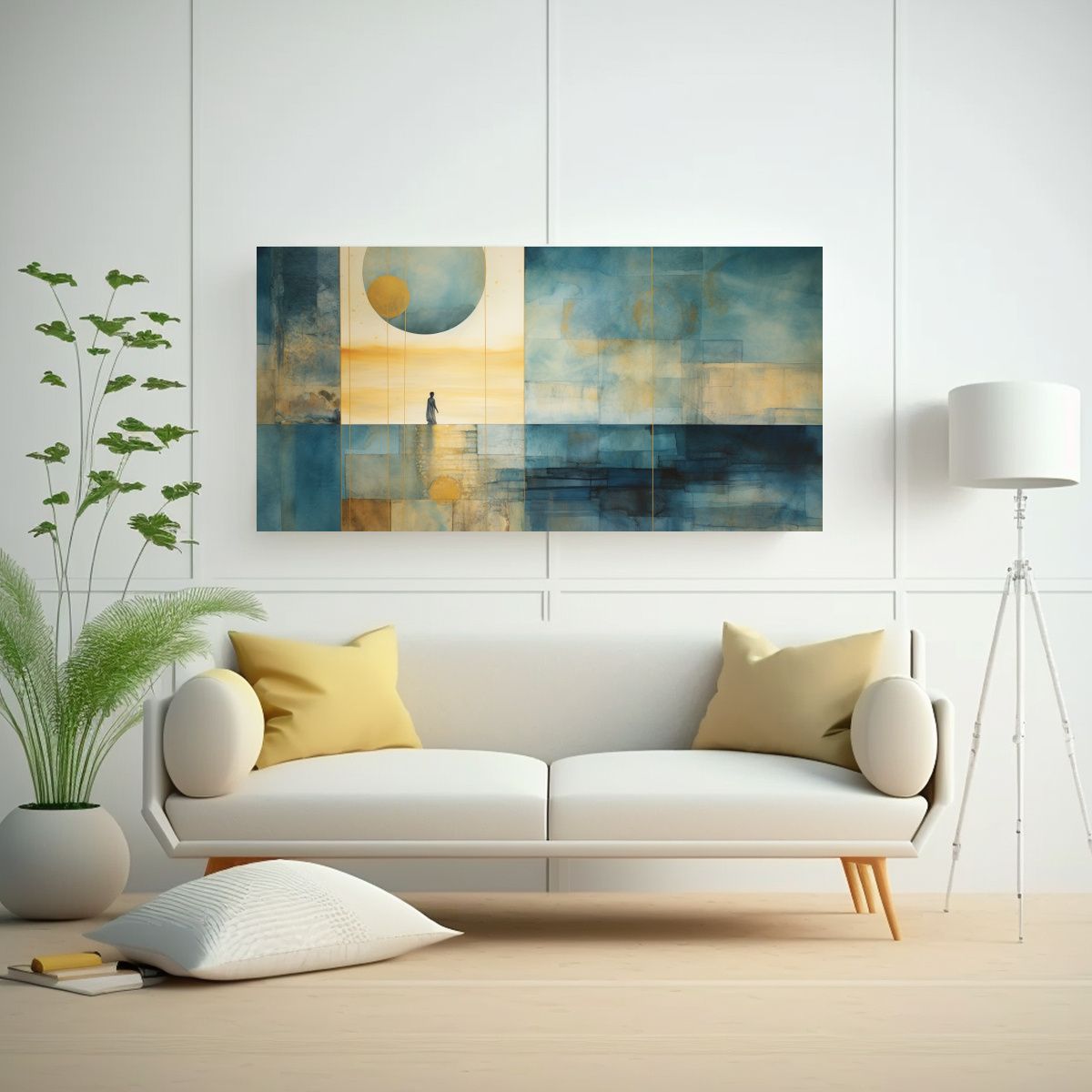 GENERICO - Cuadro Dibujo Sala En Tonos Teal Y Dorado 80x40 Cm
