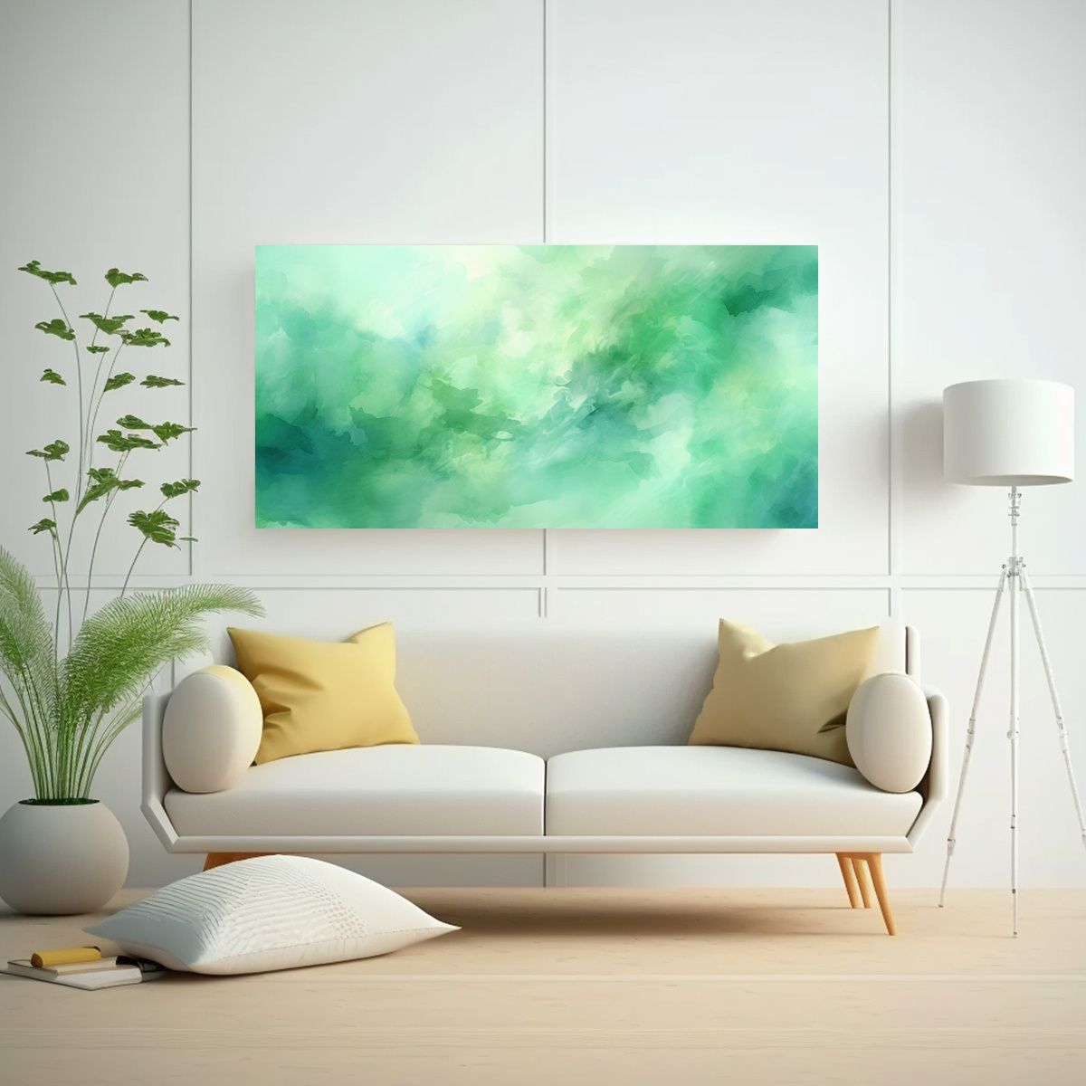 GENERICO - Pintura Abstracta Elegante En Acuarela Verde Suave 100x50 Cm